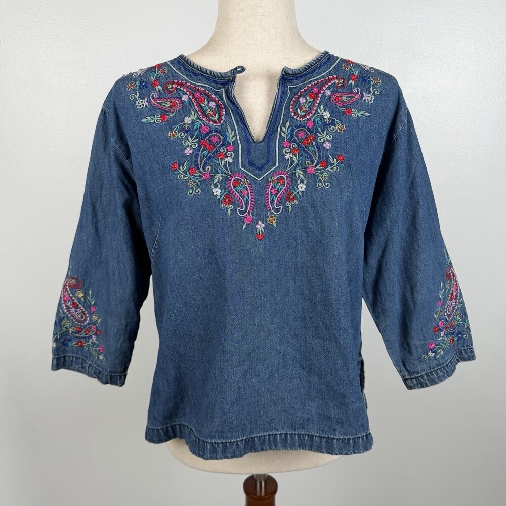 220 Hickory Women’s Embroidered Denim Top Paisley Floral Boho Western Folk Sz M